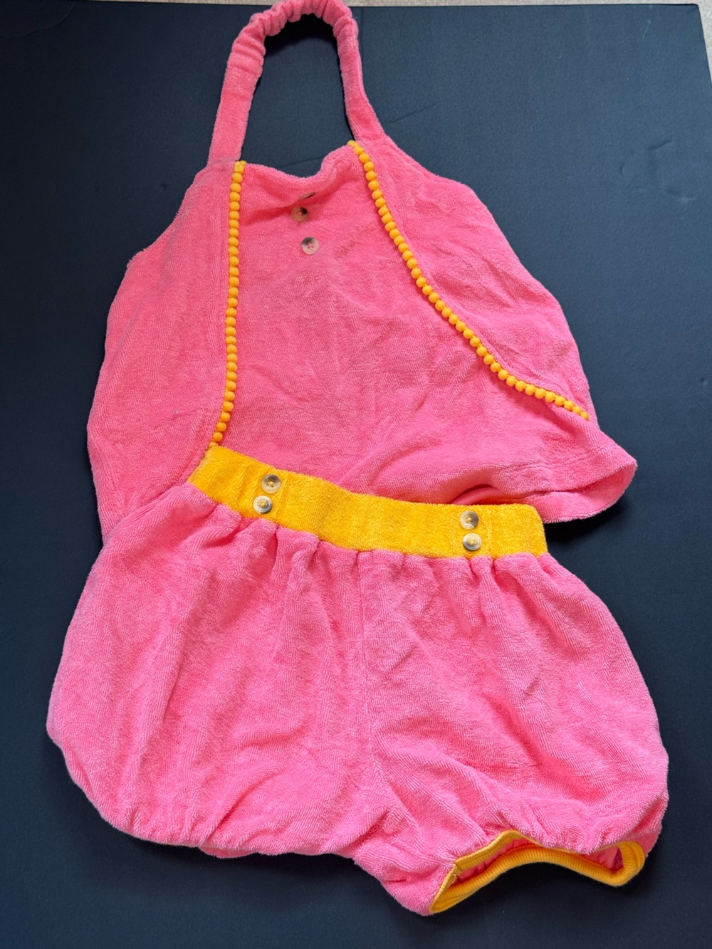 kate quinn Pink Terry Short Set with Yellow Trim and Pom-Pom Detail